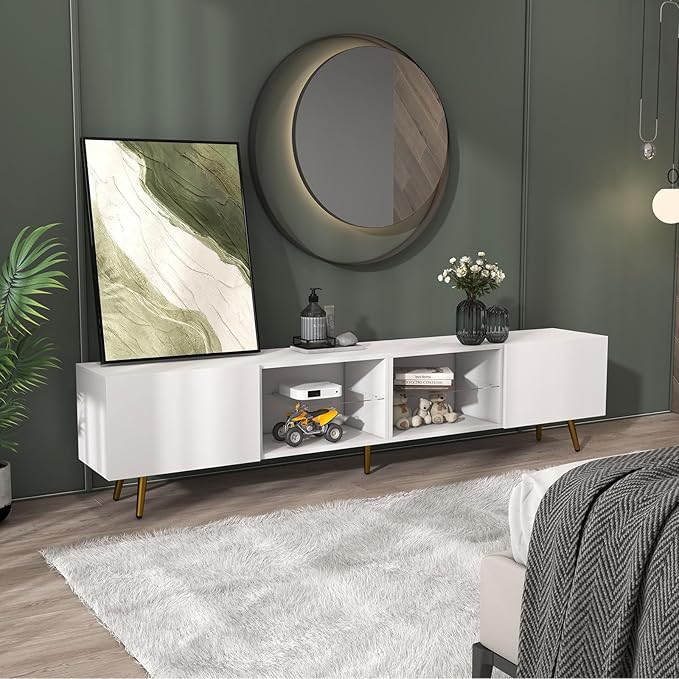 Bonzy Home 86" LED TV Stand, Modern Entertainment Center up to 75" 80" 85" TV, Television Console Table with Storage Cabinets for Living Room, White