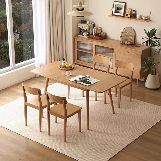 47’’-63’’ 100% Oak Extendable Dining Table and Bench Set for 2, Solid Wood Folding Kitchen Table, Mid Century Modern Dinner Table for Kitchen, Living Room, Natural (47''-63''+39''Rattan Bench)