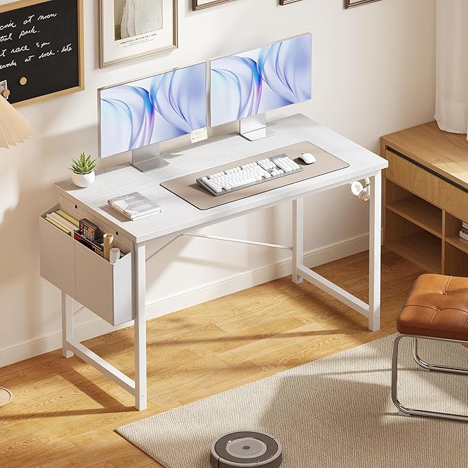 OLIXIS Computer Desk 47 Inch Home Office Desks for Small Spaces, Gaming Writing Study Work Table with Storage Bag and Headphone Hook for Bedroom, White