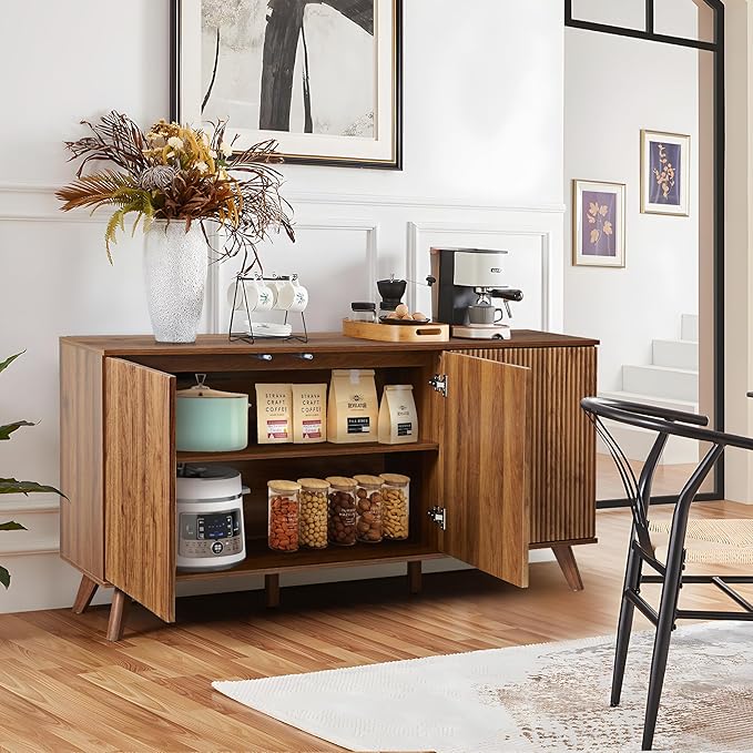 XUZENEST Fluted Sideboard Buffet Cabinet with Storage, Modern Storage Cabinet with 3 Doors, Wood Credenza Buffet Sideboards, Console Table for Kitchen Dining Living Room Entryway (Walnut)