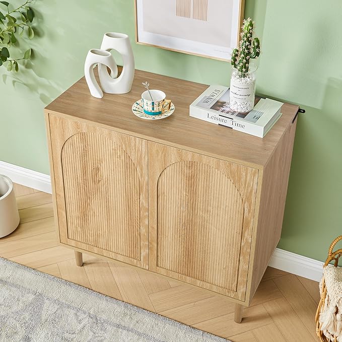 Bifins 31.5” Fluted Sideboard Buffet Cabinet with Storage,Mid Century Modern Small Wood Storage Cabinet with Arched Profile for Dining Room Kitchen Living Room (Natural 1pc)