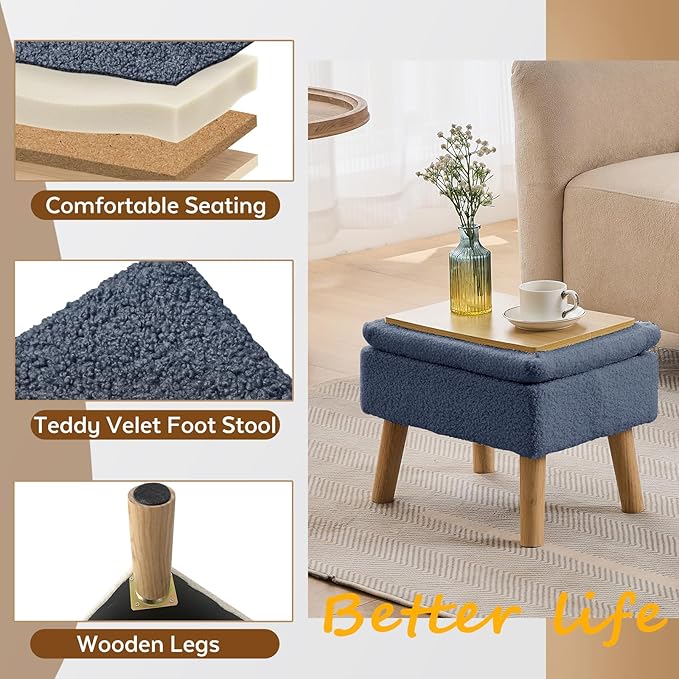 Storage Ottoman, Small Foot Stool Ottoman with Storage, Teddy Velvet Foot Rest with Wood Legs, Footstool for Living Room, Bedroom, Entryway, Blue