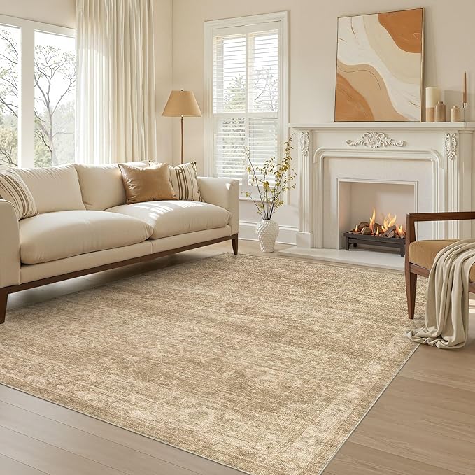 Nakagishi 6x9 Area Rugs Living Room: Washable Large Vintage Rug Neutral Non-Slip Soft Stain Resistant Indoor Carpet for Bedroom Nursery Dining Room Office Playroom - Dark Bown