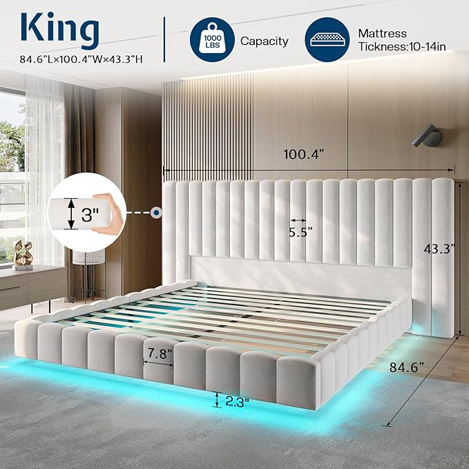 Jocisland King Size Bed Frame with 100" Wide Upholstered Headboard, Modern Velvet Floating Platform with LED Lights Underneath, No Box Spring Needed, Cream