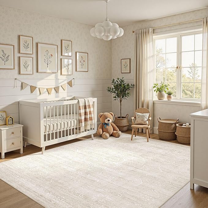 6x9 Area Rug Living Room: Washable Large Vintage Grey Rug Neutral Non-Slip Soft Stain Resistant Indoor Carpet for Bedroom Nursery Dining Room Under Table Bed Home House Office Playroom - Beige White