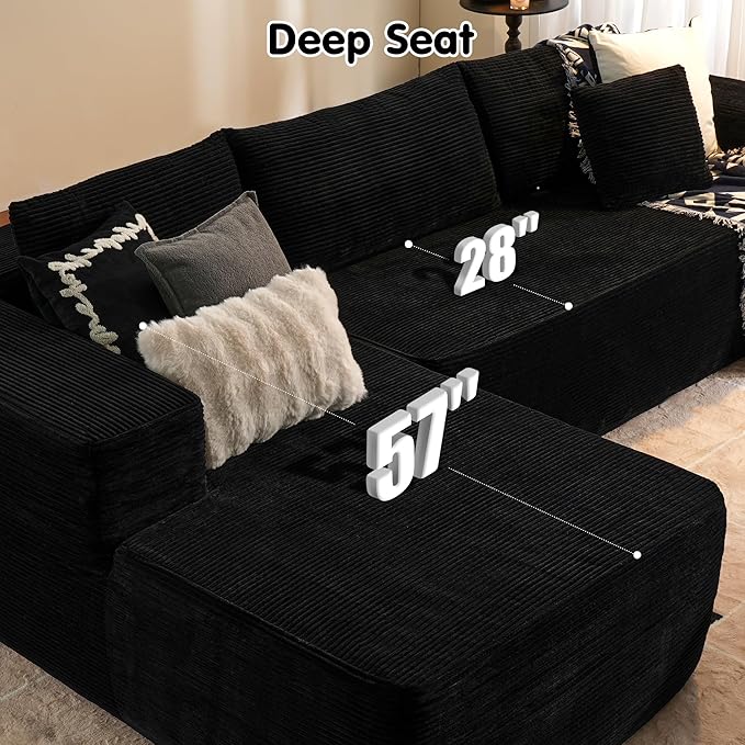 ovios 104" Cloud Boneless Couch with L-Shape Chaise,Modern Sectional Modular Sofa with Deep Seat, Upholstered Couches for Living Room Bedroom,No Assembly Required, Black (Corduroy Fabric)