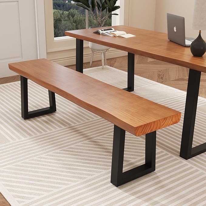 Solid Wood Top Bench with Metal Legs Durable Long Bench for Home Office Living Room Dining Room Versatile Multi Size Options Perfect Chair Stool Dining Bench Dining Chair (Light brown bench, 55.12in)