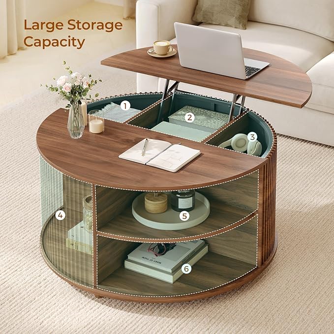 Round Lift Top Coffee Table, 34.6" Modern Coffee Table with 180° Curved Sliding Door, Fluted Accent Coffee Tables with Hidden Storage and Open Shelves, for Living Room, Office, Walnut