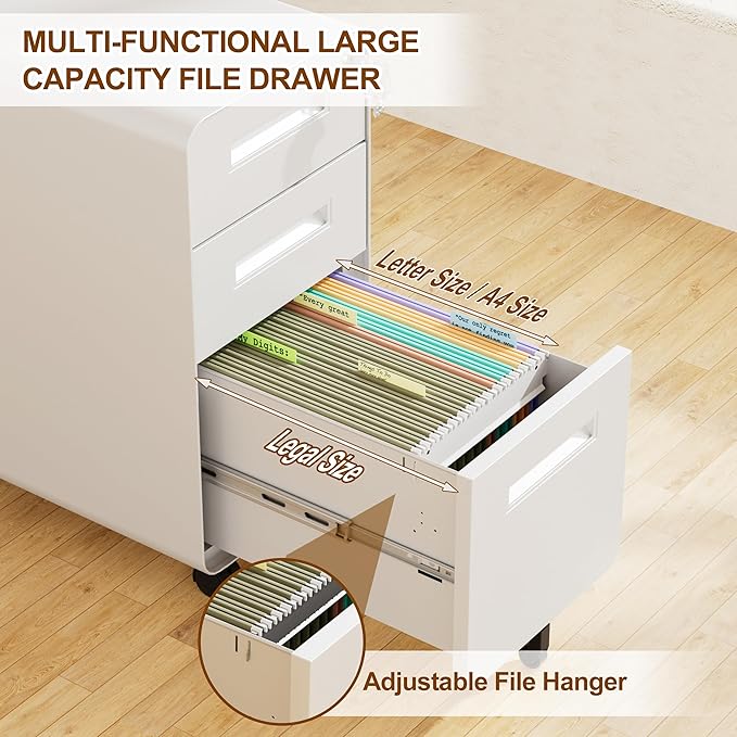 3 Drawer File Cabinet With Lock and 4 Keys, Mobile Metal Filing Cabinet for Home Office, Under Desk, Pre-Assembly, Letter/Legal/A4 Hanging Folders
