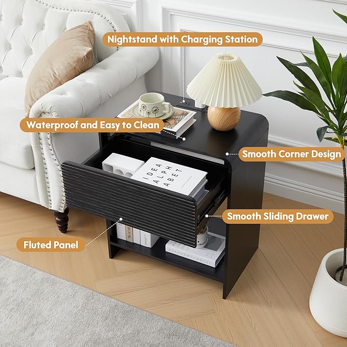 XUZENEST Fluted Nightstand Set of 2 with Charging Station, Modern Bed Side Table End Table with Drawer Storage, Large Wooden Night Stands Bedside for Bedroom Living Room Sofa Office, Black 2 Sets