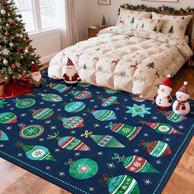 Christmas Area Rug 8x10 Rugs Washable Living Room Rug Xmas Holiday Decor Rugs Christmas Ball Low Pile Boho Rug Indoor Floor Carpet for Bedroom Kitchen Dining Room Home(Xmas Blue, 8'x10')