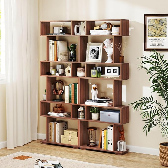 Giantex 6-Tier Geometric Bookshelf, S-Shaped Bookcase with 2 Anti-Tipping Kits, Wooden Display Shelf, Decorative Storage Shelving Unit, Home Storage Organizer for Office Living Room (1, Walnut)