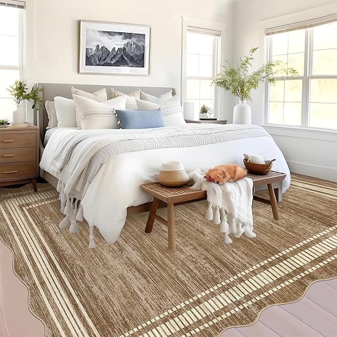 Garvee Scalloped Large Modern Abstract Area Rug 10x13 Washable Rug for Living Room, Non-Slip Soft Carpet for Bedroom, Scalloped Low-Pile Solid Print Accent Rug for Dining Room Home Office, Brown
