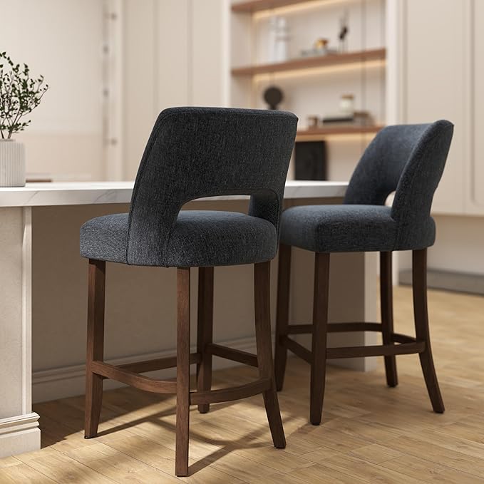 VKNOW Bar Stools Set of 6, 26" Upholstered Counter Height Bar Stools, Modern Counter Stools with Wood Legs for Kitchen Island Dining Room Bar, Navy Blue