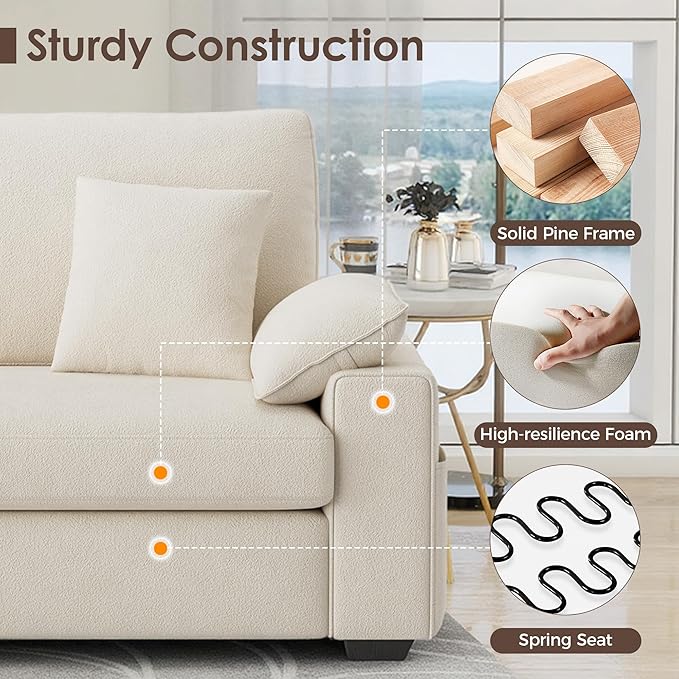 88.58" 3 Seats Deep Seat Sofa Couch, Beige | Side Storage, Removable Cover, Wide Armrest, Fabric, For Small Space