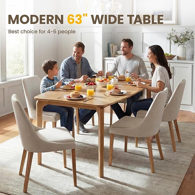 HNY Modern Curved Edge Dining Table, 63" Solid Wood Kitchen Table with Herringbone Pattern Mid-Century Rectangular Dinner Table for 6-9 People, Natural Oak Finish