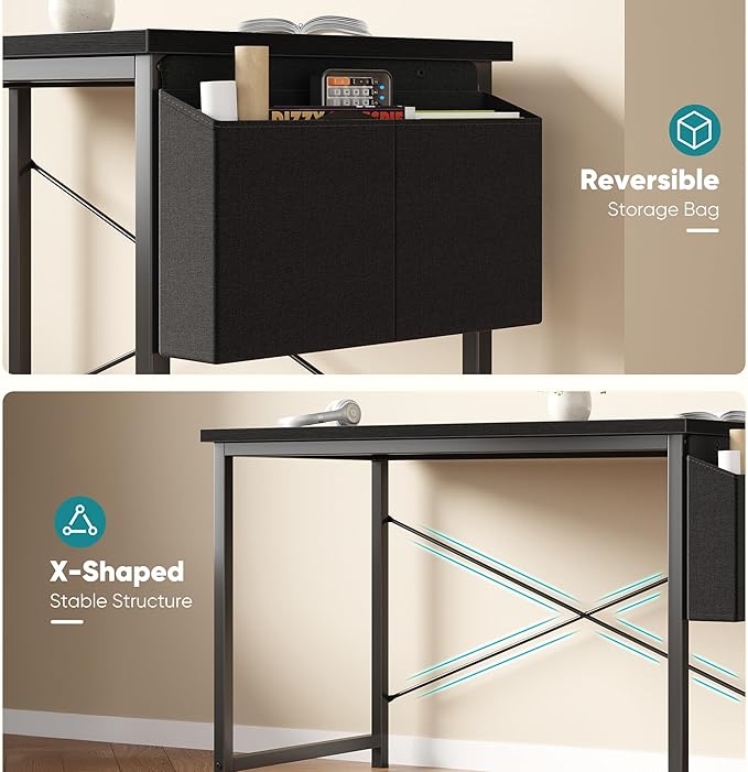OLIXIS Computer Desk 55 Inch Home Office Desks for Small Spaces, Gaming Writing Study Work Table with Storage Bag and Headphone Hook for Bedroom, Black