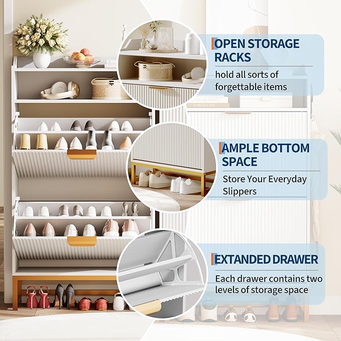 IDEALHOUSE Modern Shoe Cabinet with 2 Flip Drawers & Open Storage Shelf,Shoes Rack with Adjustable Levels,Gold Metal Handles&Fluted Panel for Entryways, Hallways, or Living Rooms(White Color)