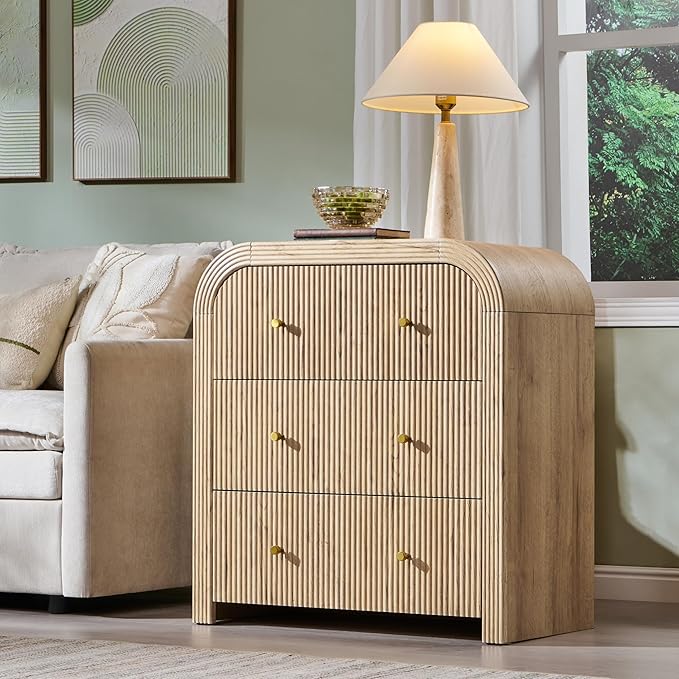 T4TREAM Fluted Dresser with 3 Drawers, 32" Tall Modern Chest of Drawers with Thickened Curved Profile Design, Wood Closet Clothes Storage Organizer for Bedroom, Living Room, Hallway, Natural Oak