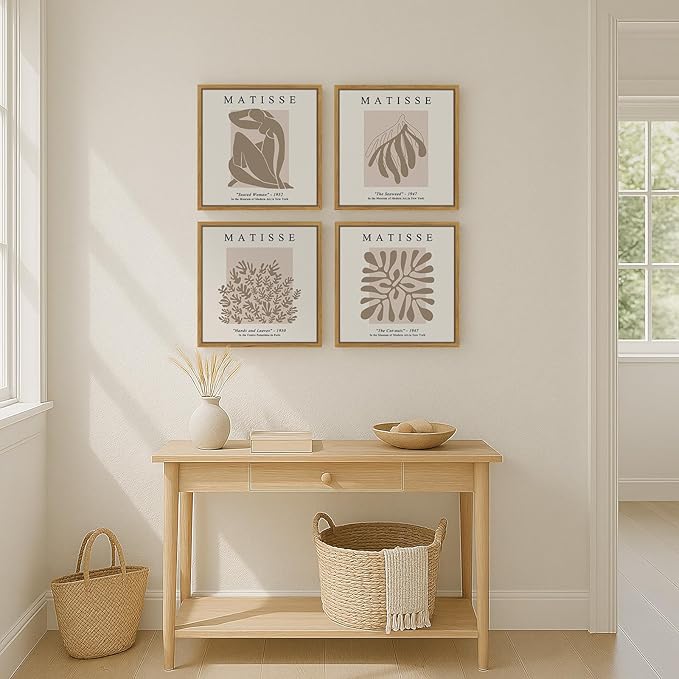 Framed Abstract Wall Art, Set of 4 Piece Modern Beige Canvas Picture Artworks Decor, Matisse Minimalist Neutral Painting Prints for Living Room Bedroom Cabinet and Dining Room