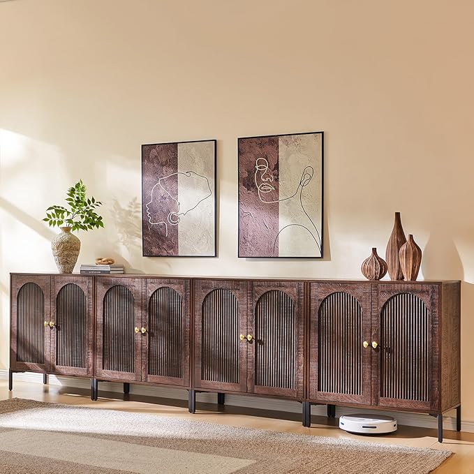 IFGET Modern Buffet Cabinet with Storage, 123.5" W Fluted Arched Sideboard Cabinet w/Adjustable Shelves, Wooden Modular Coffee Bar for Dining Room, Kitchen, Living Room, Entryway, Brown