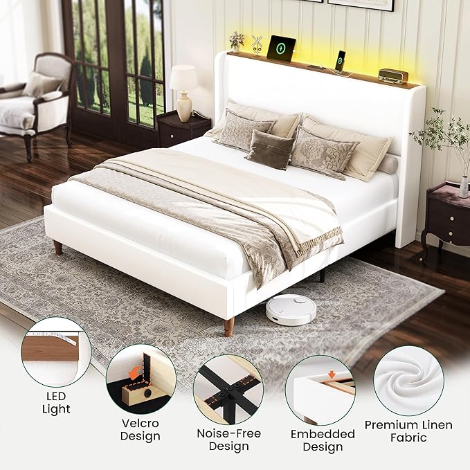 LARMACE King Size Bed Frame with LED Lights and Charging Station Linen Upholstered Platform Bed Frame with 51.2" Tall Wingback Headboard and Storage Shelf, No Box Spring Needed, Easy Assembly, White