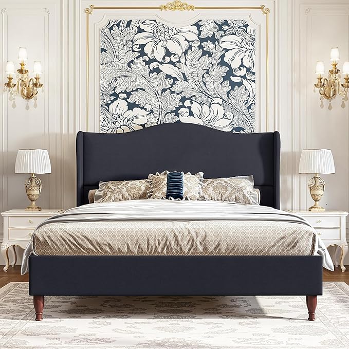 koorlian Queen Size Bed Frame Upholstered Platform Bed with 51'' Tall Fabric Headboard and Wooden Slats Support, Retro Minimalist Style/Fully Upholstered/Easy Assembly, Dark Navy