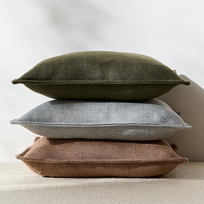 DEZENE 24x24 Linen Pillow Covers Olive Green Pack of 2 Farmhouse Boho Neutral Accents Striped Textured Square Decorative Throw Pillow Cases for Living Room Couch Bed Home Decor