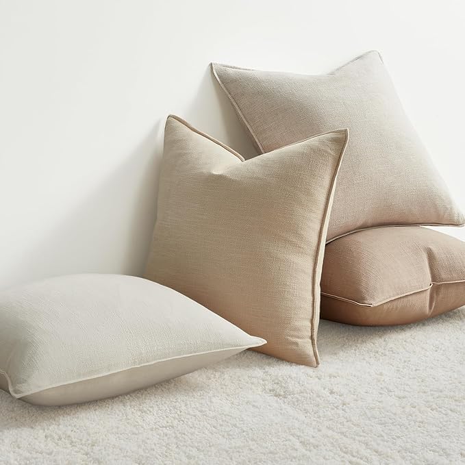 Natural Throw Pillow Covers with Press Edge Design Pack of 4 Solid Linen Decorative Pillow Covers Soft Accent Boho Pillowcases Modern for Couch Bed Living Room Balcony and Car 16x16 Inch