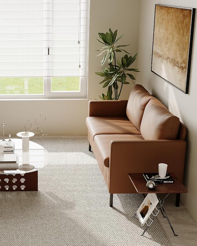 TYBOATLE Modern Faux Leather Small Couches for Small Spaces, Comfy Upholstered Brown Love Seat for Dorm, 2 Seater Mini Couch for Bedroom, Apartment, Office, Brown