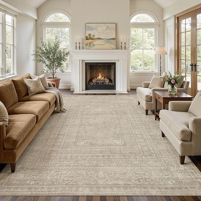 7x9 Area Rug Living Room: Washable Large Vintage Rug Neutral Non-Slip Soft Stain Resistant Indoor Carpet for Bedroom Nursery Dining Room Under Table Bed Home House Office Playroom - Brown