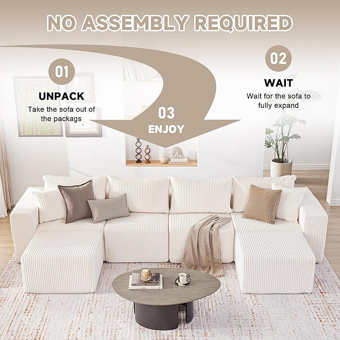 Weture 135.4" Cloud Couch Sectional, Modular Sectional Sofa with Deep Seat, Plush Corduroy U Shaped Boneless Couch, Convertible Sectional Couches for Living Room, 6Seat, Beige