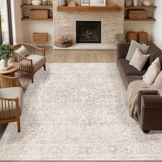 FMFUNCTEX 12x15 Washable Area Rug Beige Vintage Neutral Distressed Oriental Large Non Slip Carpet for Living Room Bedroom Soft Low Pile Indoor Mat Retro Rug for Dining Room Kitchen Office Nursery