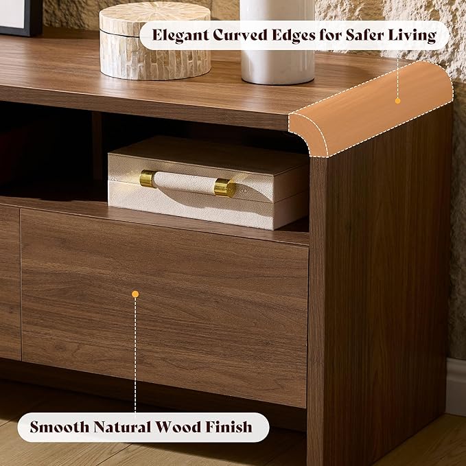 AMERLIFE 70" Modern TV Stand for TVs Up to 80", Wood TV Console with Curved Profile Design & 2 Storage Cabinets, Media Console Entertainment Center for Living Room, Brown
