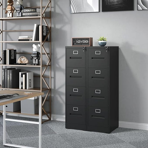 4 Drawer File Cabinet with Lock, Metal Vertical Filing Storage Cabinet for Home Office, Steel Vertical File Cabinets for A4 Legal/Letter Folders,Silent Sliding Drawers, Assembly Required (Black)