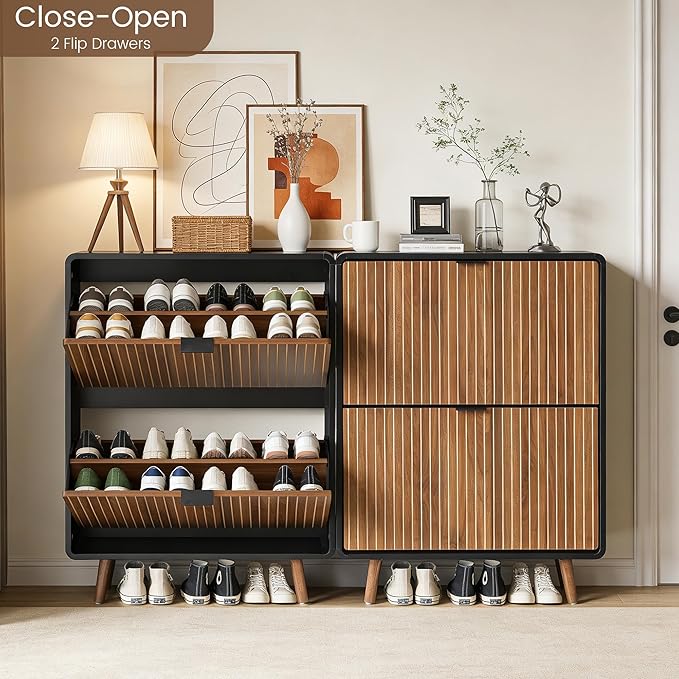 FurSch Fluted Shoe Storage Cabinet with 2 Flip Drawers, Narrow Shoe Rack Cabinet Organizer with Adjustable & Removable Shelves for Entryway (Walnut and Black, 2 Drawers)