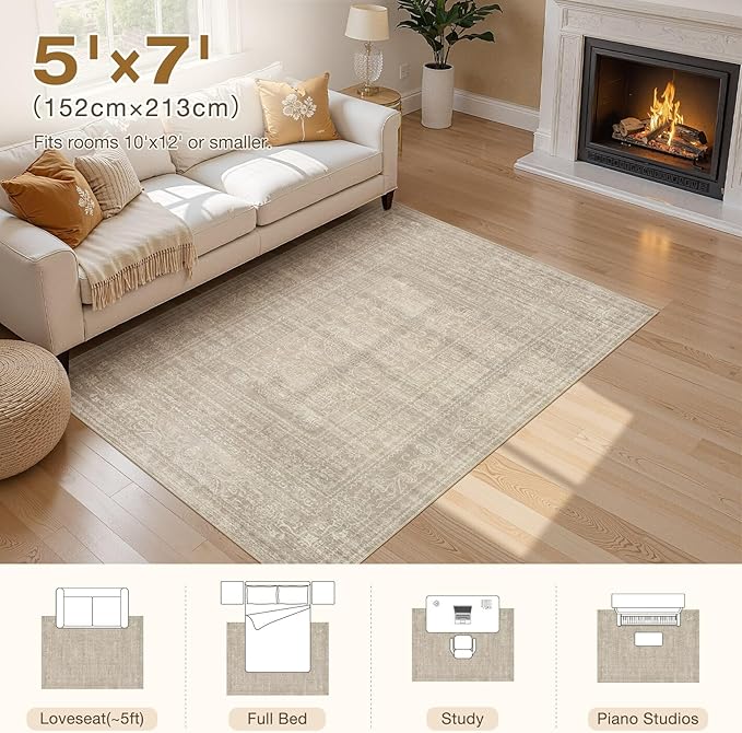 Nakagishi 5x8 Area Rugs Living Room: Washable Large Vintage Rug Neutral Non-Slip Soft Stain Resistant Indoor Carpet for Bedroom Nursery Dining Room Office Playroom - Dark Bown