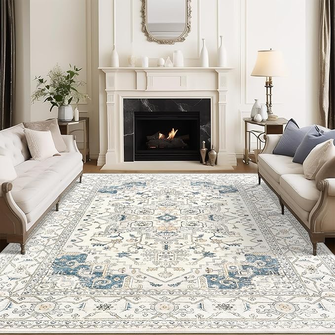 befbee Washable Area Rug 6x9, Area Rugs Stain Resistant Neutral Washable Rugs for Living Rooms Bedroom Vintage Non-Slip Thin Large Size Area Rug（6x9,BeigeBlue）