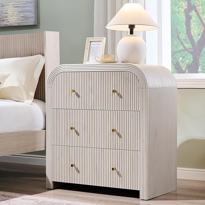 T4TREAM Fluted Dresser with 3 Drawers, 32" Tall Modern Chest of Drawers with Thickened Curved Profile Design, Wood Closet Clothes Storage Organizer for Bedroom, Living Room, Hallway, Alder White