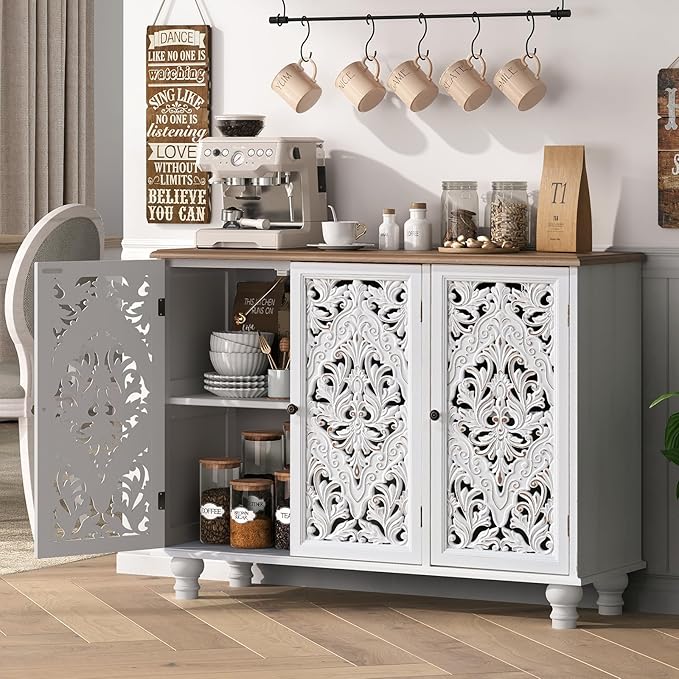 JOINICE 43" Accent Cabinet with 3 Carved Doors, White Farmhouse Buffet Cabinet with Storage & Solid Wood Legs, Boho Sideboard Console Table for Living Room, Entryway, Dining Room, Coffee Bar