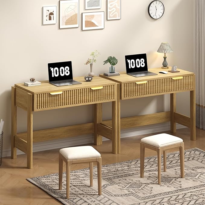 YOMILUVE 34 Inch Small Computer Desk with Drawer, Fluted Computer Desk with Storage, Wooden Desks Compact Writing Study Table for Small Spaces, Oak
