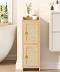 Akxomel Rattan Small Bathroom Cabinet with 2 Doors, 7.9''D x 9.8''W Narrow Toilet Paper Storage Cabinet, Bathroom Organizer for Small Spaces, Wooden Slim Corner Unit with Adjustable Shelf, Natural Oak