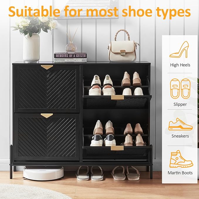 Shoe Cabinet Storage with 4 Flip Drawers, Narrow Hidden Shoes Organizer Cabinet for Entryway, Freestanding Slim Shoe Rack Front Door Entrance(Black)
