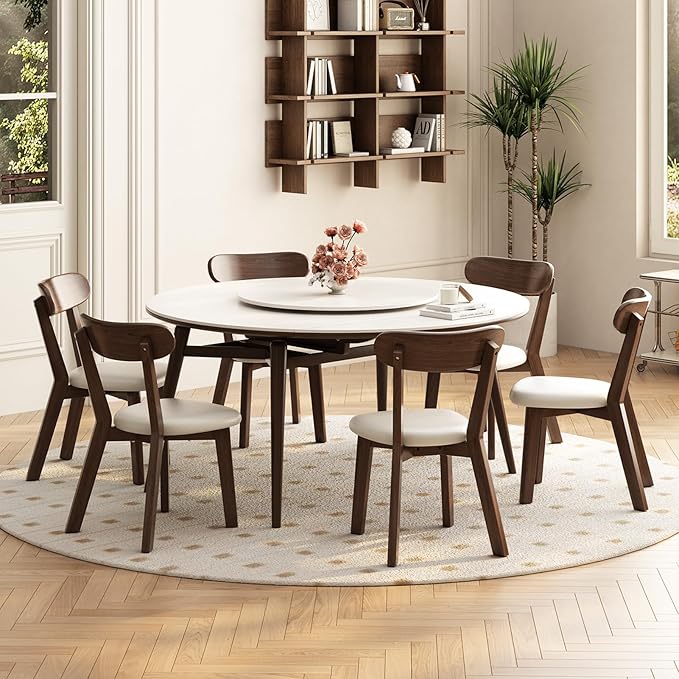 Dining Chairs Set of 6 Mid-Century Modern Oak Upholstered Leather Scandinavian Solid Wood Kitchen & Dining Room Chairs with Curved Backrest Sillas de Comedor for Dining Table(Walnut/Beige)
