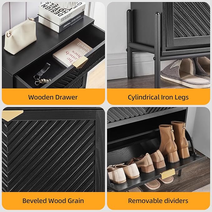 Shoe Cabinet Storage with 2 Flip Drawers, Narrow Hidden Shoes Organizer Cabinet for Entryway, Freestanding Slim Shoe Rack Front Door Entrance(Black)