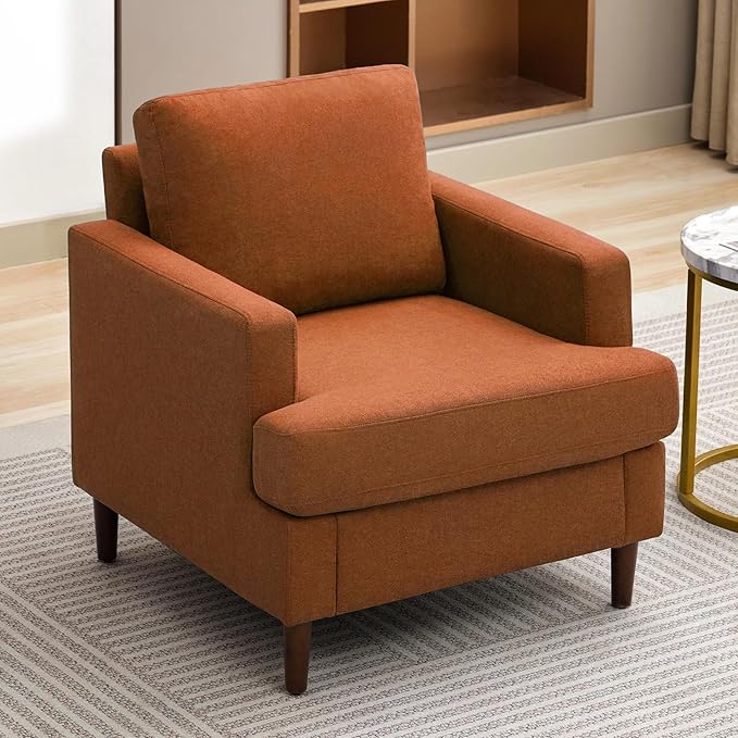 Weture Mid-Century Accent Chair,Modern Linen Fabric Armchair for Living Room,Comfy Upholstered Reading Accent Chairs for Bedroom,Single Sofa Chair with Wood Legs (Orange, 1 Pack)