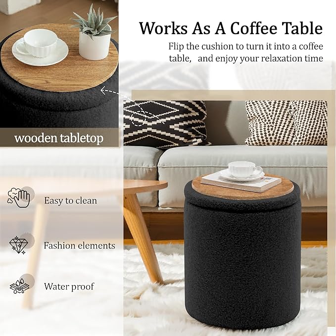 YSICK Round Ottoman with Storage, Set of 2, Small Vanity Stool as Vanity Chair, Sherpa Ottoman Foot Rest for Small Space, Living Room, Bedroom, Black