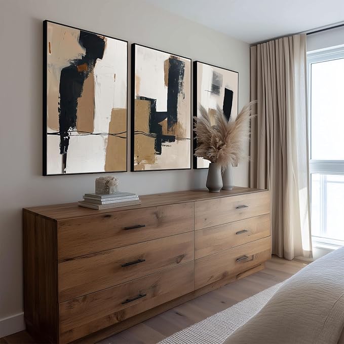SAFERRYHOME Neutral Abstract Black and Tan Brown Wall Art Framed Canvas Prints, Mid-Century Minimalist Modern Decor Large Artwork for Living Room, Home Office, Dining Room - 3 Panels 24x36 Inch