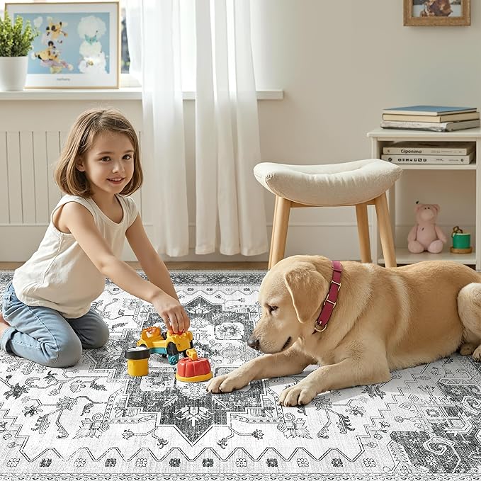 befbee Washable Area Rug 8x10, Area Rugs Stain Resistant Neutral Washable Rugs for Living Rooms Bedroom Vintage Non-Slip Thin Large Size Area Rug（Grey）
