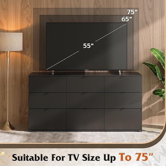 WLIVE 9 Drawer Dresser for Bedroom, 63" Wide Black Drawers Large Wooden Chest of Drawers Organize with Sturdy Metal Handle, Modern Dresser for TV Stand, Living Room Office, Hallway, Ball Bearing Slide